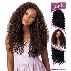 Woman with styled hair next to a package of Lushcretess hair extensions.