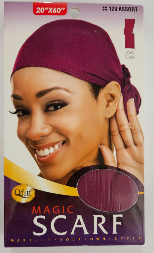 Package of Qfitt Magic Scarf with a model wearing it, on a white background