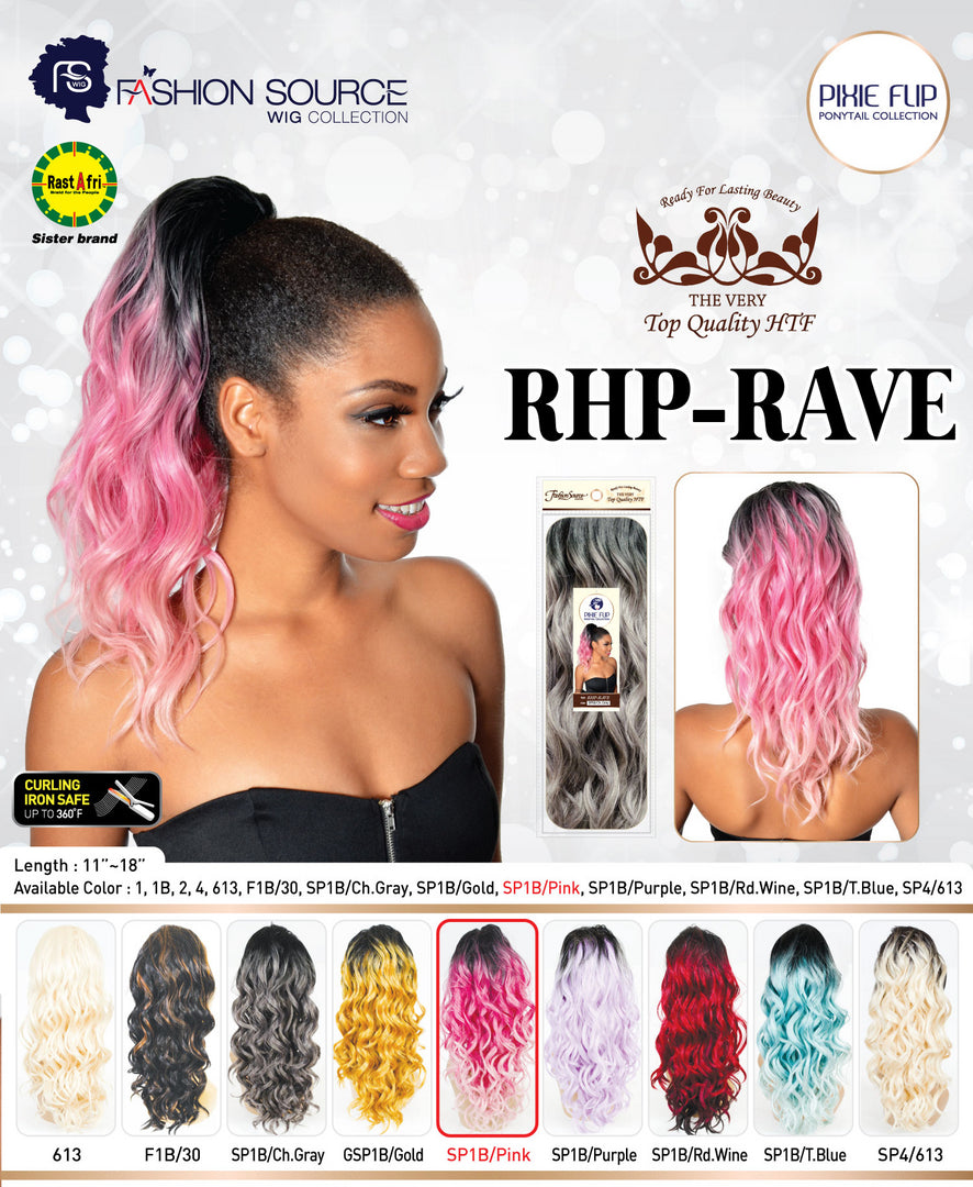 Advertisement for Fashion Source hair products with a model wearing pink and gray hair extensions.