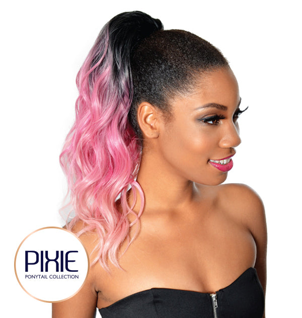 Woman with pink ombre ponytail wearing a black top, featuring the Pixie brand.