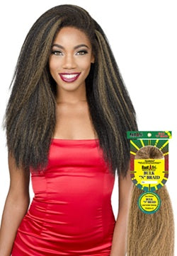 Woman with long bulk n braid hair extensions next to a package of braiding hair 