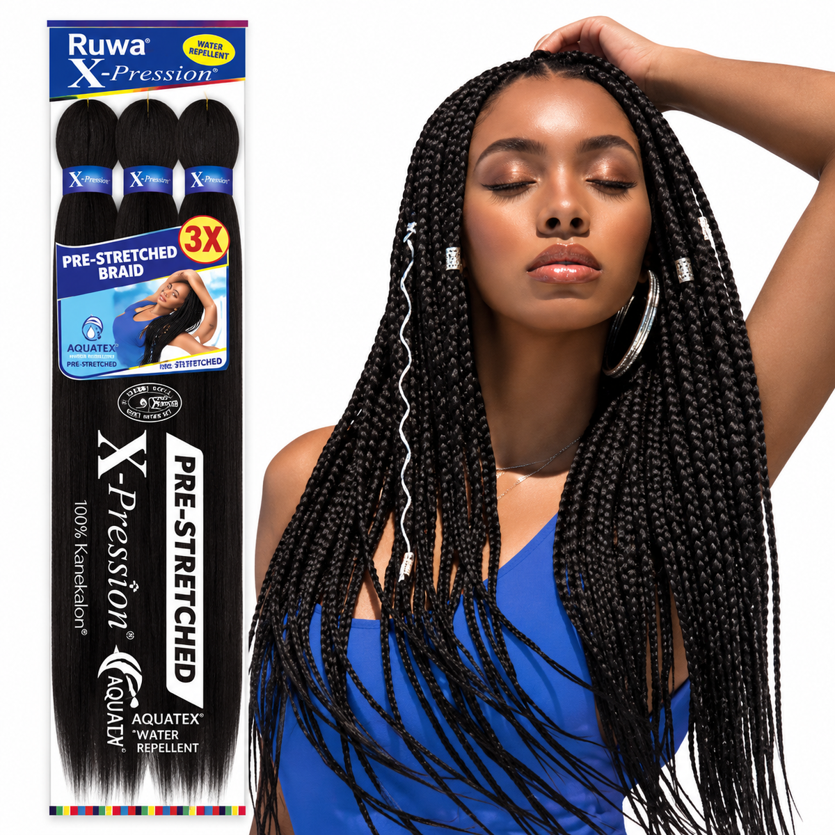 Ruwa X-Pression 3X Pre-Stretched Braiding Hair 24 Inch, 1B water-repellent black synthetic braiding hair for knotless braids, box braids, and protective hairstyles, featuring a 3-pack bundle.