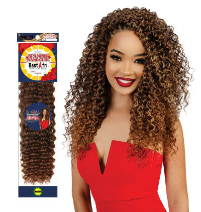 Woman with crochet hair styled hair next to  RastAfri Spanish wand curl hair extension package on a white background
