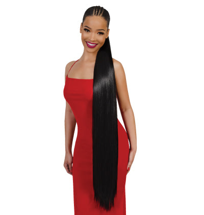black woman wearing a red halter dress wearing a sleek straight 50 inch ponytail 