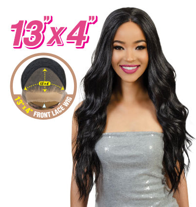 Woman with long black wig next to a close-up of the lace front and size label '13x4'.