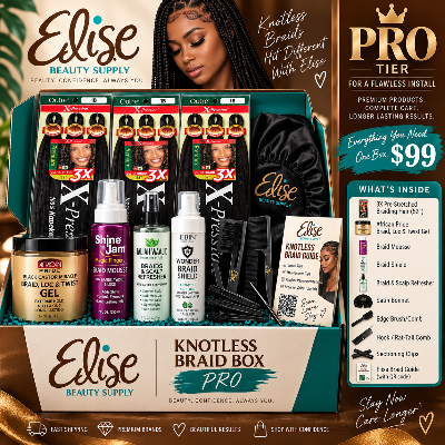 knotless braids box which includes braiding hair, hair care, and tools.
