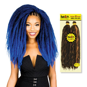 Woman with blue braided hair next to RastAfri hair extensions packaging