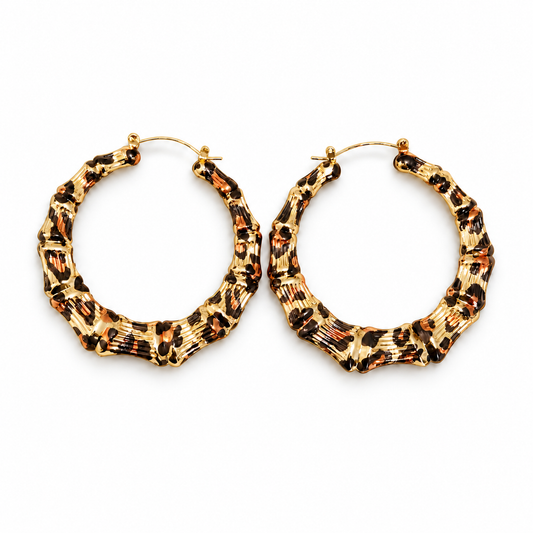 Gold Hoop Earrings Bamboo Leopard
