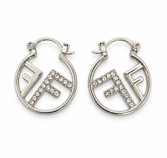 Silver Double F Rhinestone Hoop Earrings | Crystal Jewelry