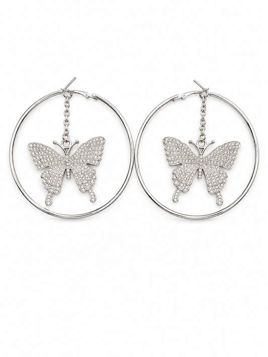 Butterfly Hoop Earrings Silver Tone