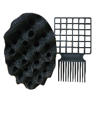 Black hair styling tool set with a foam block and a wide-tooth comb on a white background