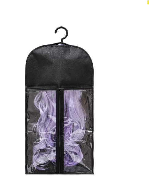 Black wig and hair extensions storage bag with hanger. Black with transparent front view.