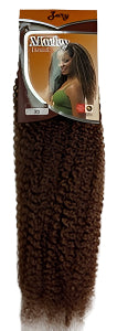 Braided hair extensions in a package with a label on a white background